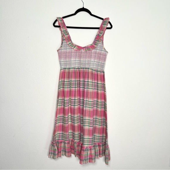 Valencia and Vine Lucy Plaid Smocked Ruffle Midi Dress 100% Cotton Size Large - Picture 2 of 7